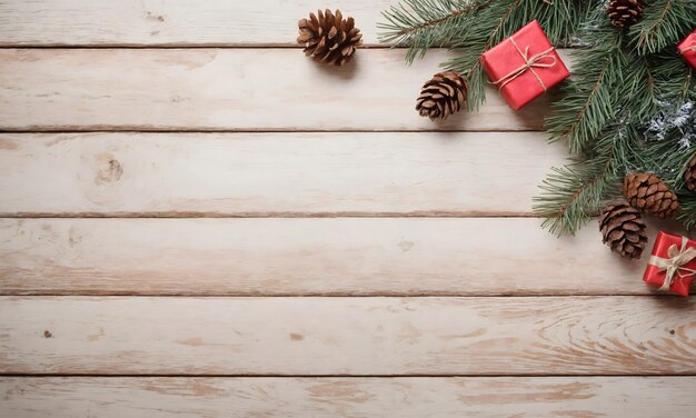 Composizione natalizia Rami di abete natalizio regali coni di pino su sfondo rustico bianco in legno