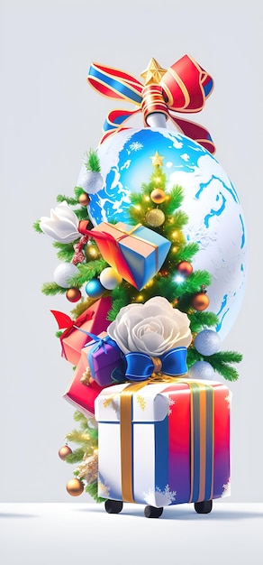 Composizione natalizia su uno sfondo bianco Regali colorati Albero di Natale