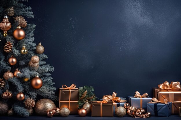 Composizione natalizia vicino a una parete blu scuro Albero di Natale con molti regali realizzato con AI generativa