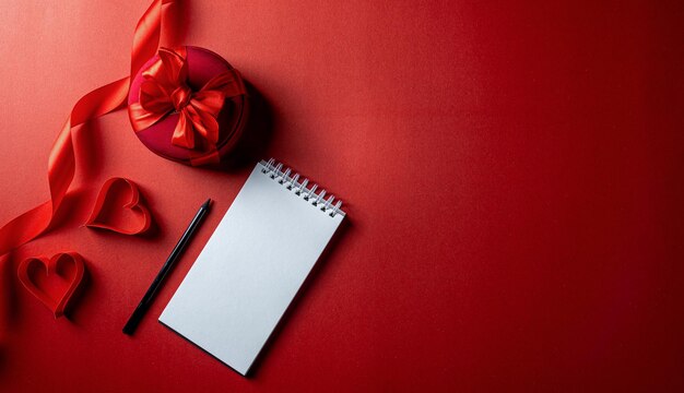 Composizione nel giorno di San Valentino con carta per appunti vuota con cuori di carta e confezione regalo su sfondo rosso