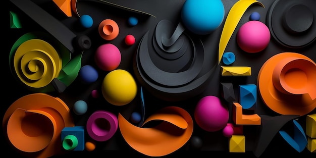 Composizione orizzontale astratta con oggetti d colorati su sfondo nero
