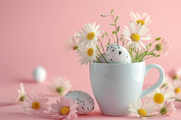 Composizione pasquale con fiori di primavera e colorate uova di quaglia in porcellana tazza di caffè bianca su pi