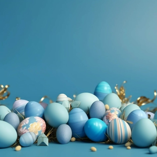 Composizione pasquale con uova blu e decorazioni dorate su sfondo blu