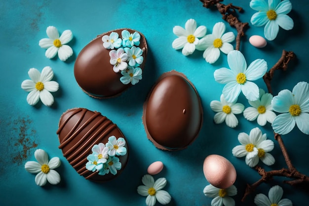 Composizione pasquale con uova di cioccolato e rami di ciliegio