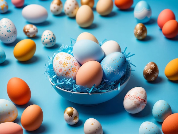 Composizione pasquale realizzata con uova colorate su sfondo luminoso