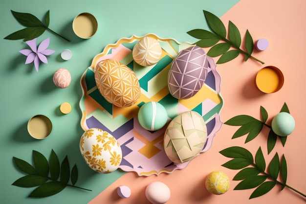 Composizione per Pasqua con ornamenti e uova colorate Disposizione piatta per le vacanze IA generativa