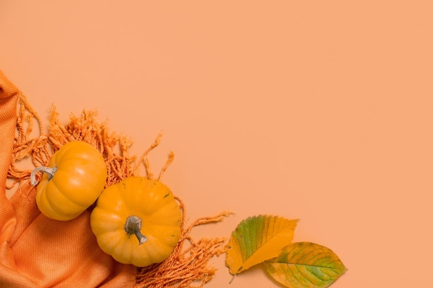 Composizione piatta autunnale con due zucche foglie cadute su sciarpa arancione vista dall'alto Composizione piatta monocromatica autunnale Copia spazio