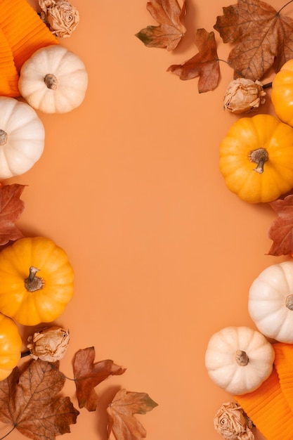 Composizione piatta autunnale con zucche e foglie cadute e maglione con spazio per testo Formato verticale