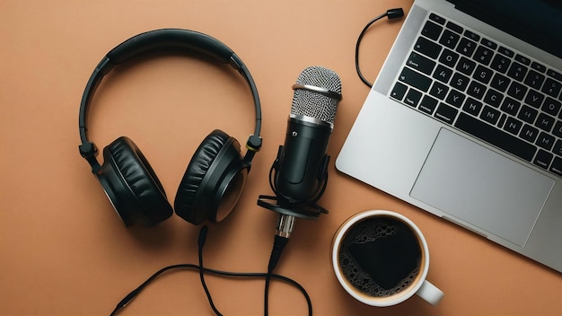 Composizione piatta con microfono per podcast e cuffie da studio nere su sfondo marrone