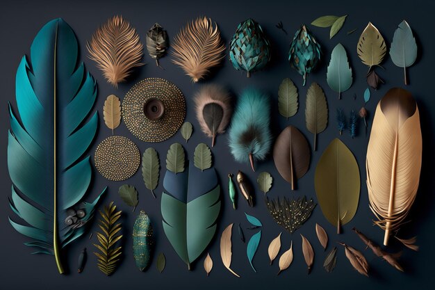 Composizione piatta in testa di piume di uccelli colorate esotiche Generativo ai
