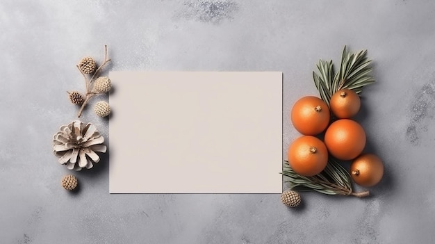 Composizione piatta laica con decorazioni natalizie e cartoncino bianco su sfondo grigio