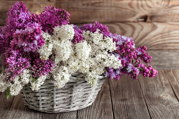 Composizione primaverile con fiori lilla in un cesto di vimini. Cesti regalo e concetto di consegne di fiori.