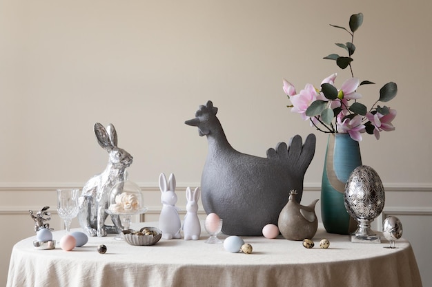 Composizione primaverile dell'interno della sala da pranzo pasquale con gallina grigia scultura coniglietto pasquale uova colorate vaso con parete beige magnolia con stucco e accessori personali Modello di arredamento per la casa