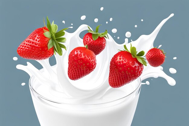 Composizione realistica di bacche di yogurt al latte con schizzi di liquido bianco e fragole mature