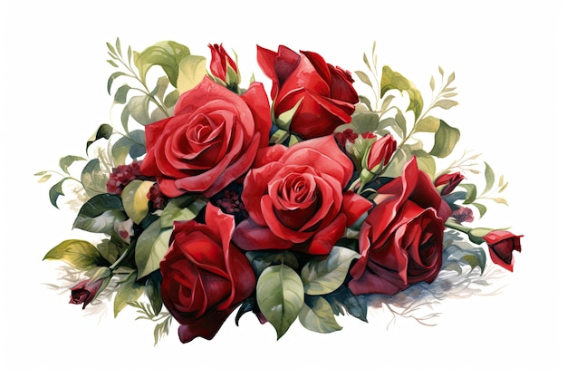 Composizione romantica dell'acquerello del mazzo della rosa cremisi