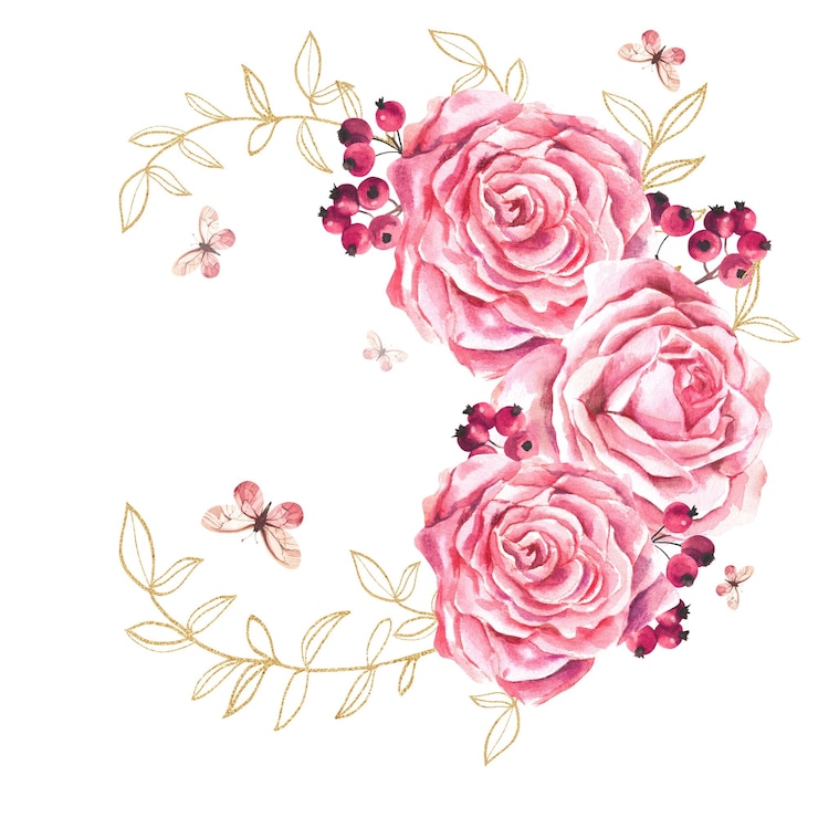 Foto composizione romantica di rose rosa bacche rami d'oro e farfalle illustrazione ad acquerello