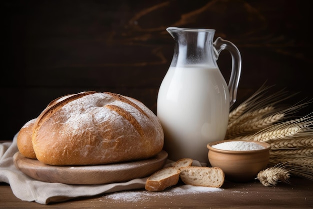 Composizione rustica di natura morta con spargimenti di farina di brocca di latte e pane fresco sulla tavola