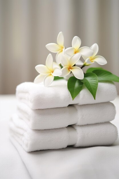 Composizione Spa asciugamani bianchi e fiori di plumeria su un tavolo bianco