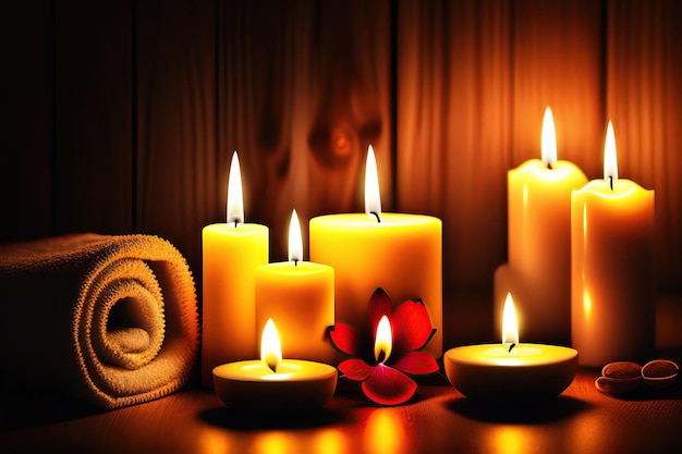 Composizione Spa con candele accese e bellissimi fiori su fondo di legno