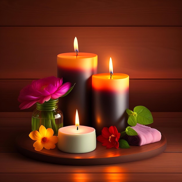 Composizione spa con candele accese e bellissimi fiori su sfondo di legno