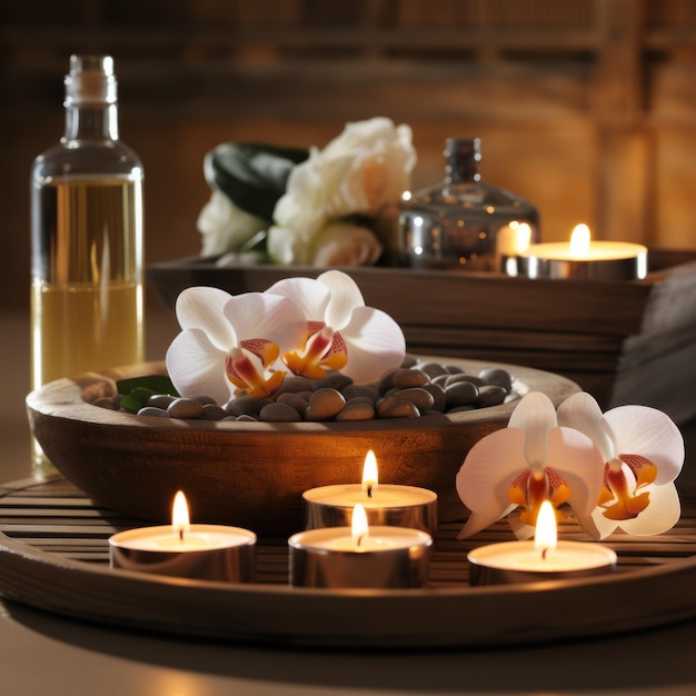 Composizione spa con fiori di orchidee e olio aromatico