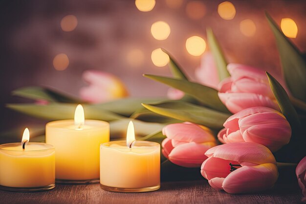Composizione SPA dai toni vintage con candele aromatiche di tulipano giallo e rosa