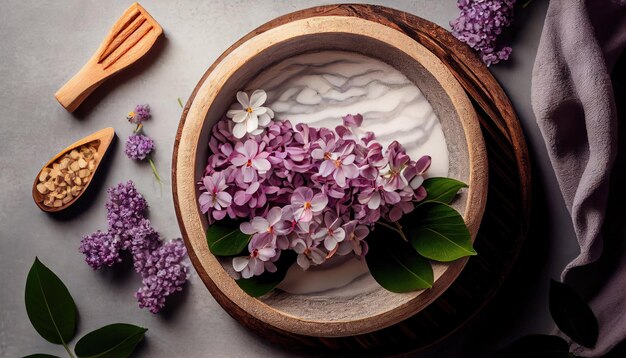 Composizione spa e benessere con fiori lilla profumati in ciotola di legno e asciugamano in spugna per aromaterapia