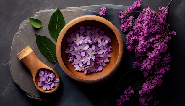 Composizione spa e benessere con fiori lilla profumati in ciotola di legno e asciugamano in spugna per aromaterapia