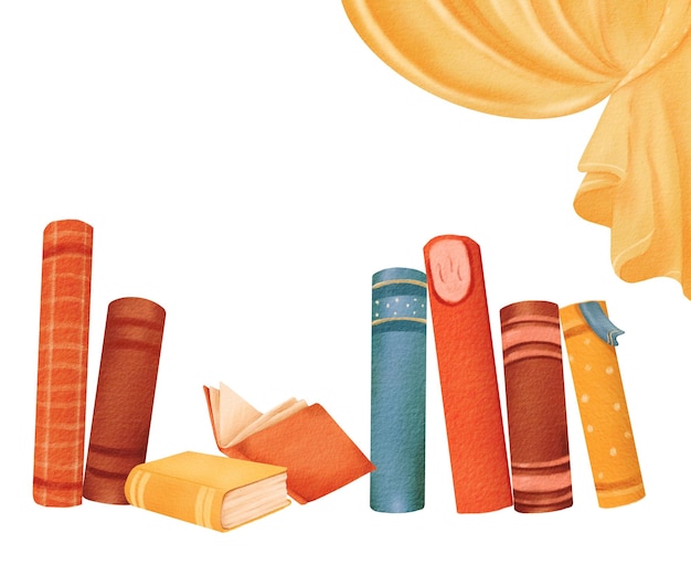Composizione Stack di libri per la lettura con accogliente cortina pile di libri di testo per la letteratura educativa
