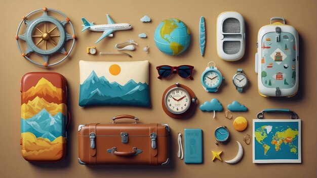 Composizione stilizzata a tema di viaggio con vari oggetti di avventura