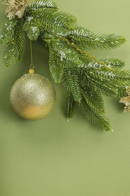 Composizione tradizionale di Capodanno Decorazione festiva albero di Natale innevato rami palle fiori dorati Savannah sfondo verde colore piatto posto per il testo