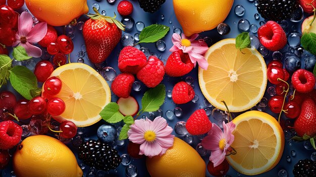 Composizioni astratte utilizzando fiori di frutta e bacche estive