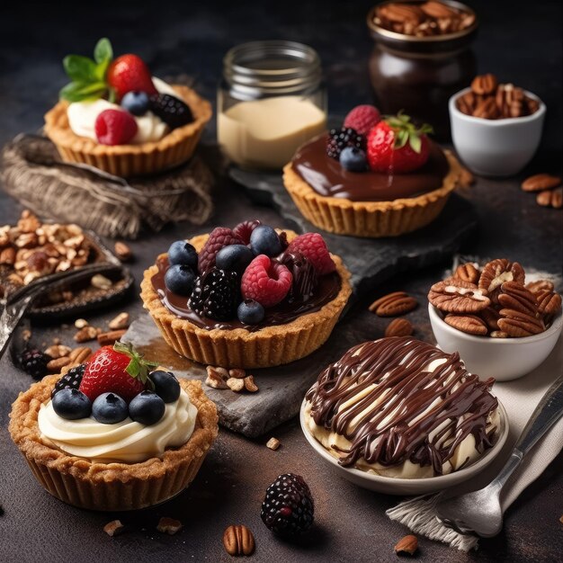 Composizioni di dessert selezione tartelle sulla tavola IA generativa