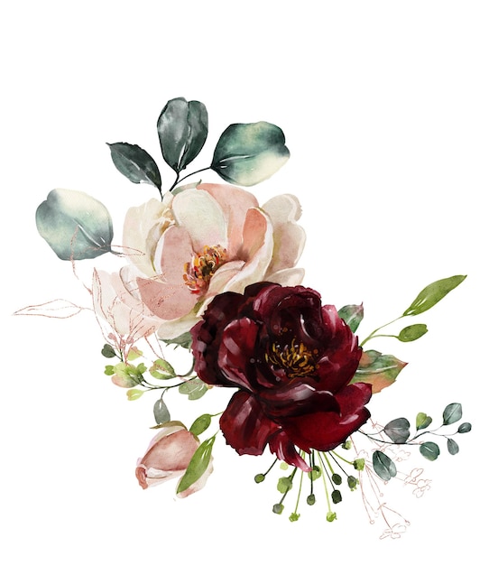Composizioni e petali di rose da matrimonio ad acquerello.