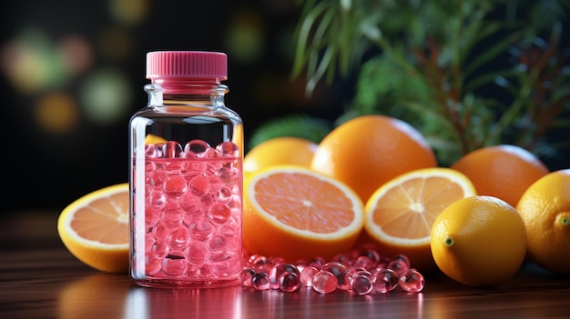 Compressa di vitamina C in bottiglia rosa e arancione accanto alla bottiglia