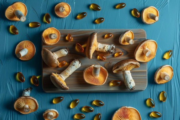 Compresse di integratori di funghi vista dall'alto di funghi con pillole di erbe medicinali