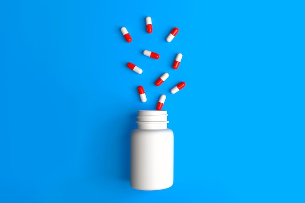 Compresse o antidolorifici volano fuori dalla bottiglia su uno sfondo medico con il rendering 3D del concetto di farmacia