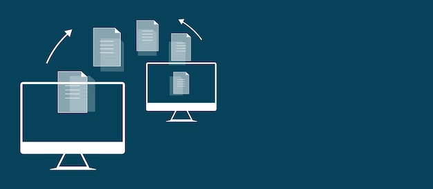 Computer con icona di trasferimento dei file su sfondo blu