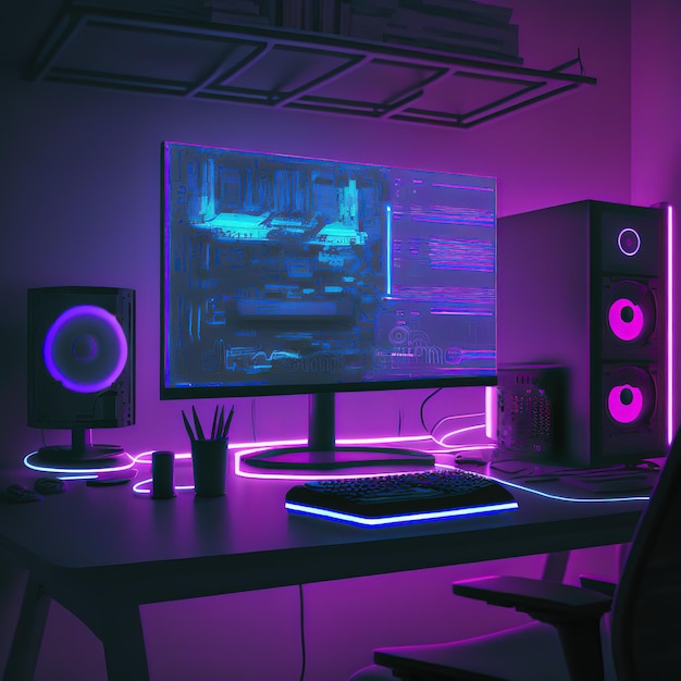 Computer da gioco su un tavolo in una sala videogiochi con illuminazione al neon in colore viola illustrazione 3d