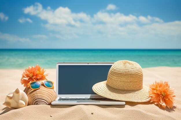 Computer desktop con accessori da spiaggia per l'estate