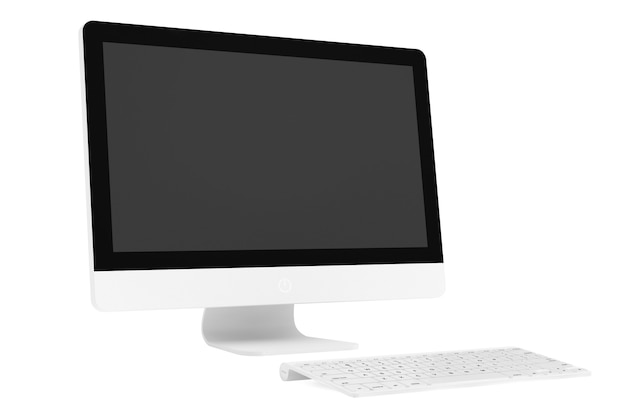 Computer desktop con tastiera wireless su sfondo bianco