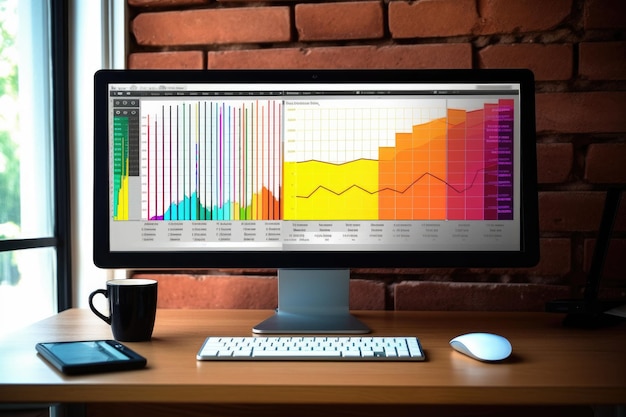 Computer desktop sulla scrivania in ufficio Lo schermo del monitor mostra i dati di crescita dell'azienda con grafici finanziari e l'interfaccia utente del software dei grafici di trading