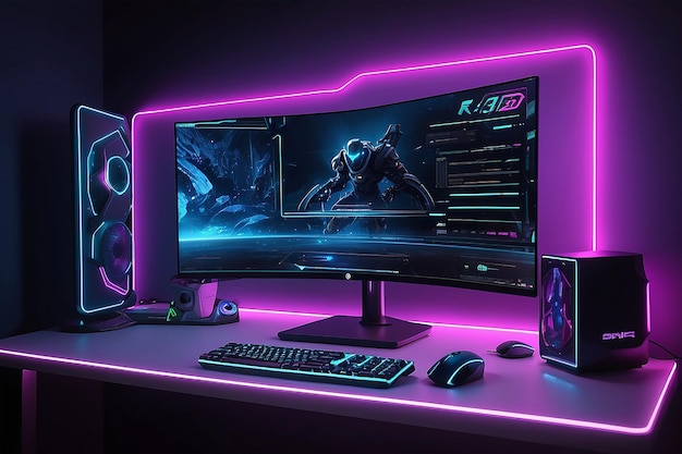 Computer di gioco in una sala di videogiochi con luci al neon Monitor di PC di gioco con interfaccia di gioco per computer