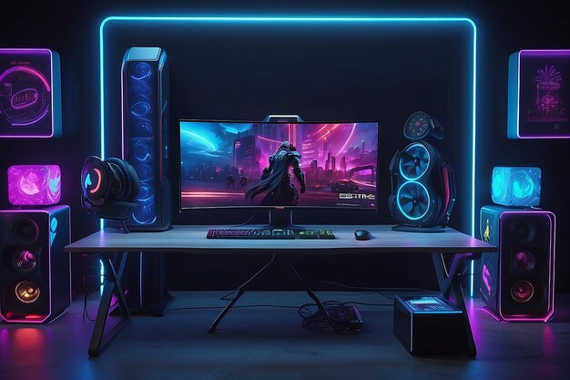 Computer di gioco in una sala di videogiochi con luci al neon Monitor di PC di gioco con interfaccia di gioco per computer