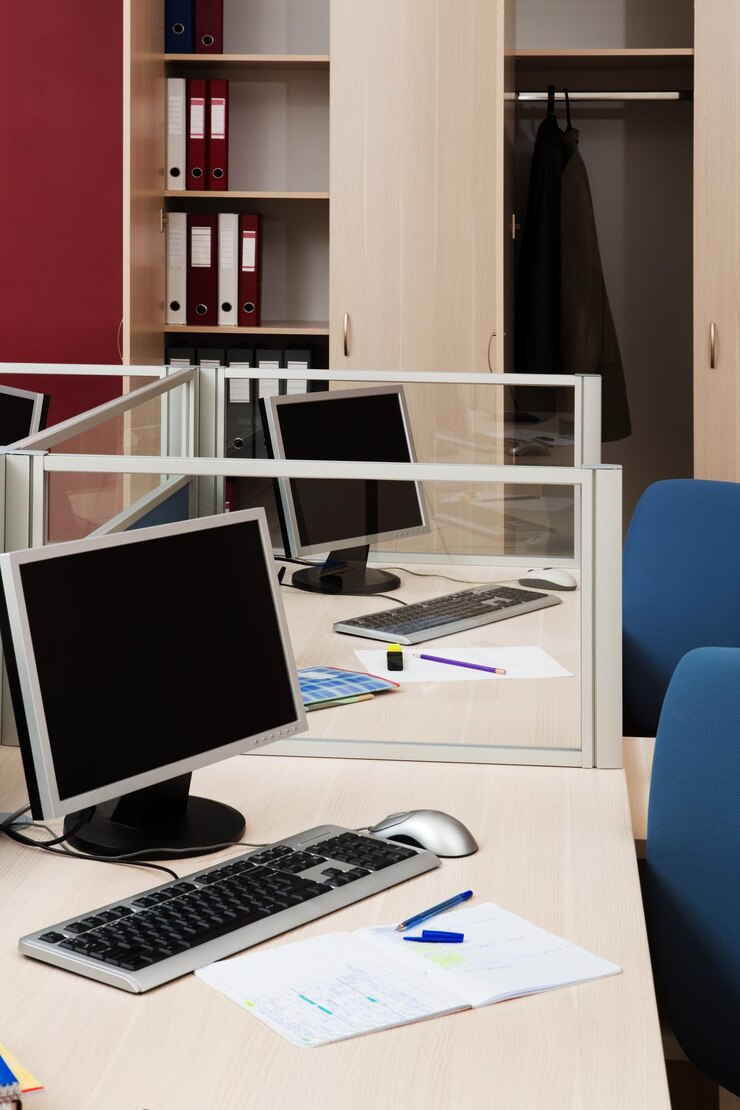 Foto computer dietro il vetro in un ufficio moderno
