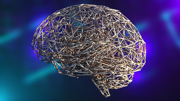 Computer generated artificial intelligence 3d rendering of the shape of the human brain from a wireframe against the backdrop of colored lights