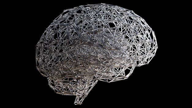 Computer generated artificial intelligence 3d rendering of the shape of the human brain from a wireframe against the backdrop of colored lights
