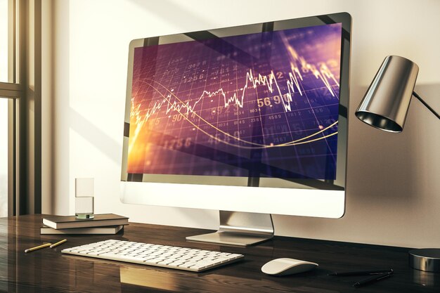 Computer monitor with abstract financial graph finance and trading concept 3D Rendering