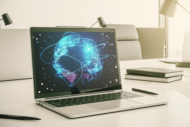 computer monitor with abstract graphic digital world map with connections globalization concept 3d rendering