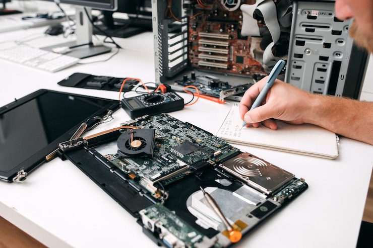 Photo computer motherboard diagnostics, close-up. programmer inspecting circuit and note results on paper. electronic repair, fix, renovation concept